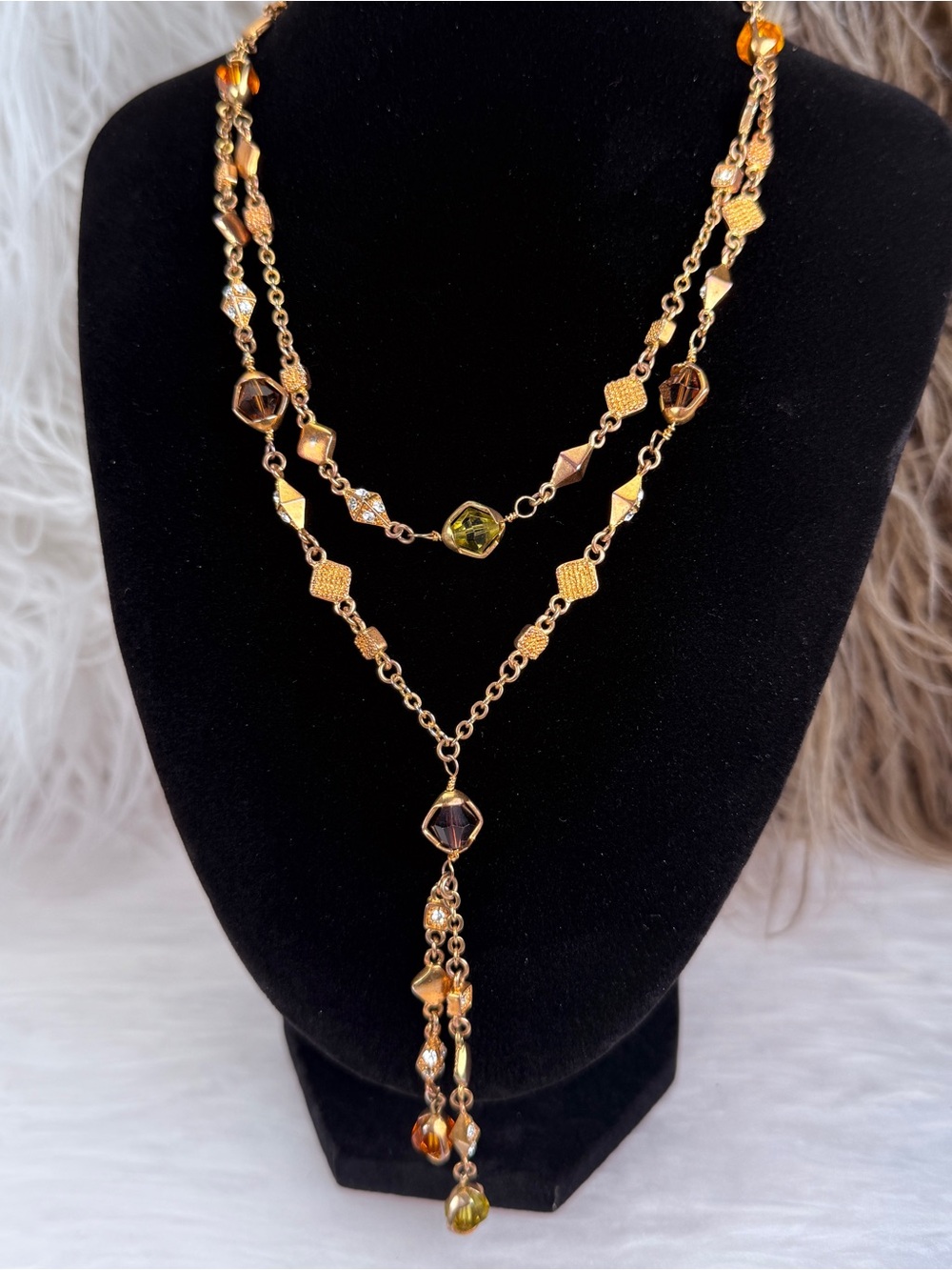 Aged Gold Brass Tone Layered Geometric Beaded Tassel Statement Necklace